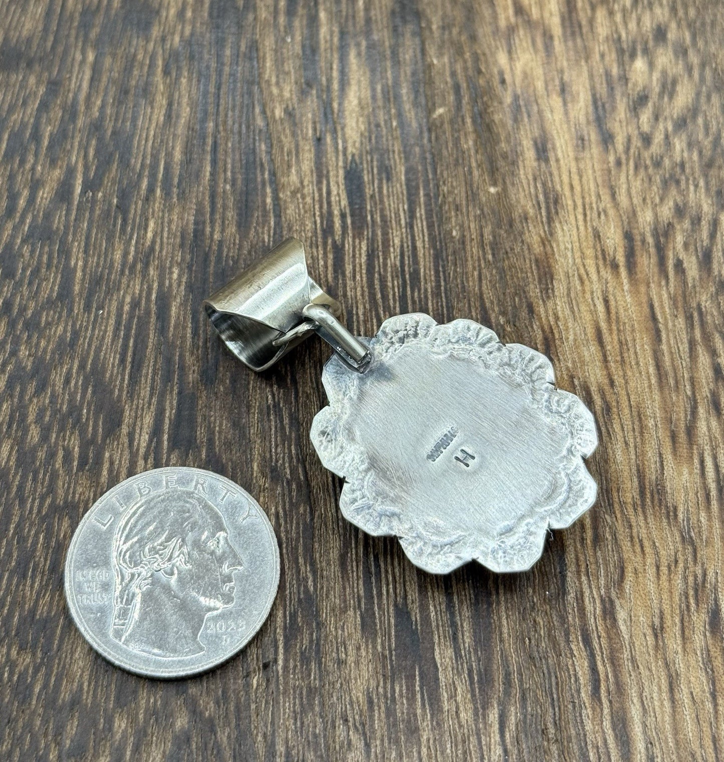 Navajo Handmade Sterling Silver Royston Turquoise Stamped Design Drop Pendant