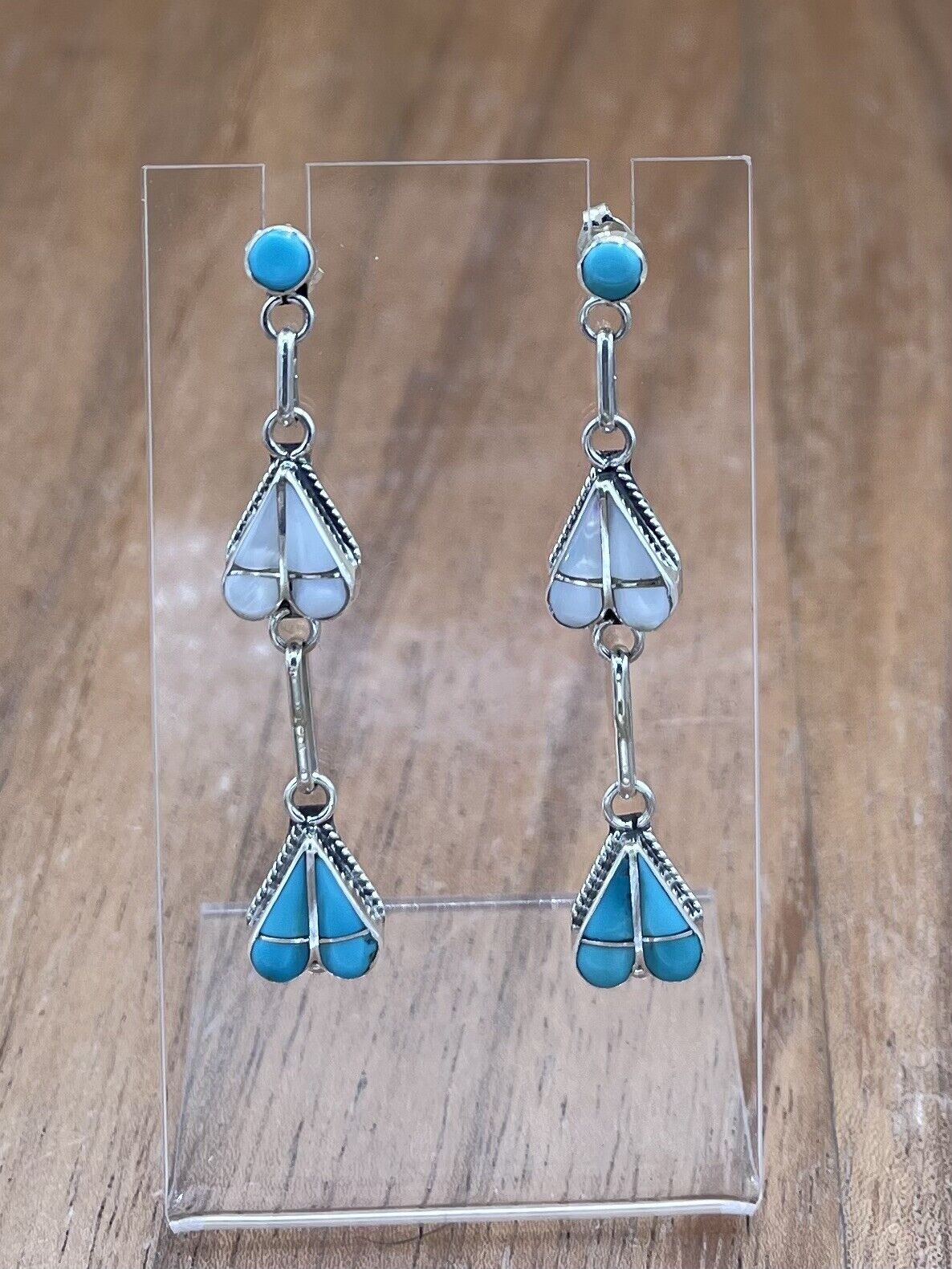 Native American Zuni Handmade Silver Inlay Turquoise Post Dangle Drop Earrings