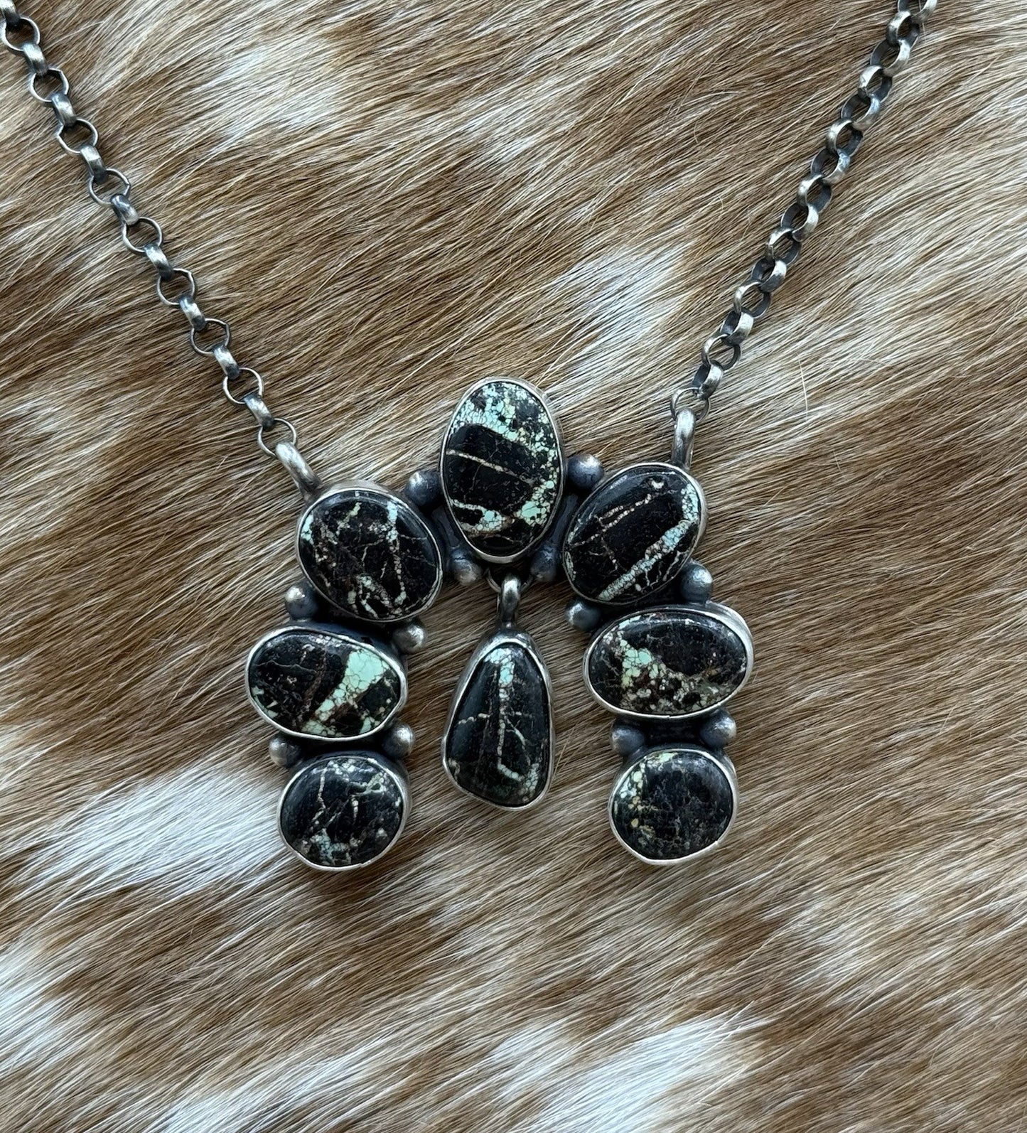 Navajo Handmade Sterling Silver Blackjack Turquoise Cluster Naja Necklace 18”