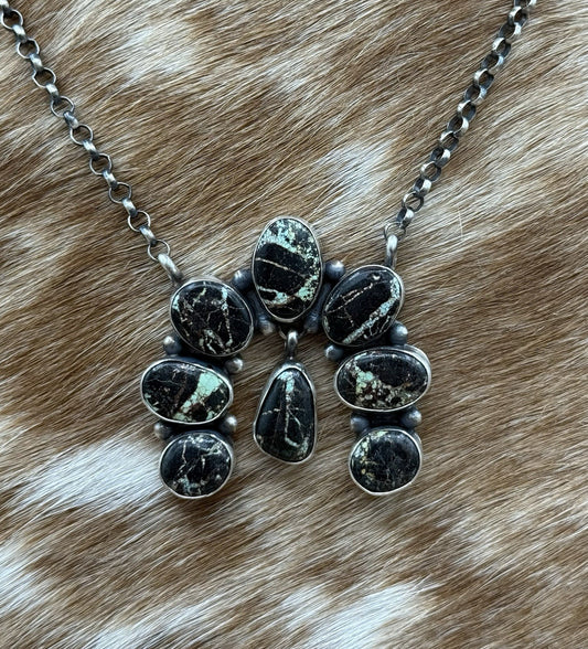 Navajo Handmade Sterling Silver Blackjack Turquoise Cluster Naja Necklace 18”