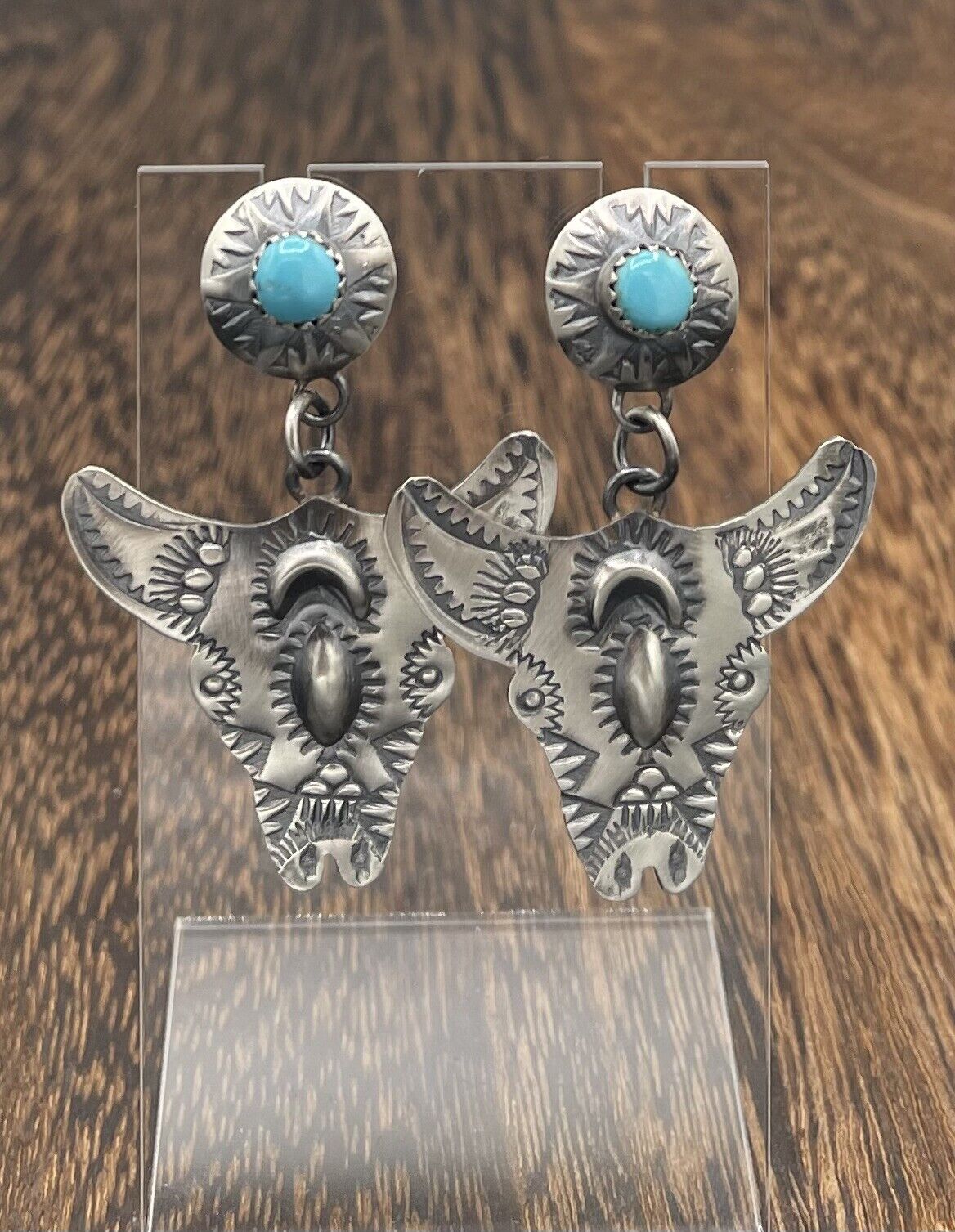 Native American Sterling Silver Navajo Handmade Oldlook Turquoise Earrings