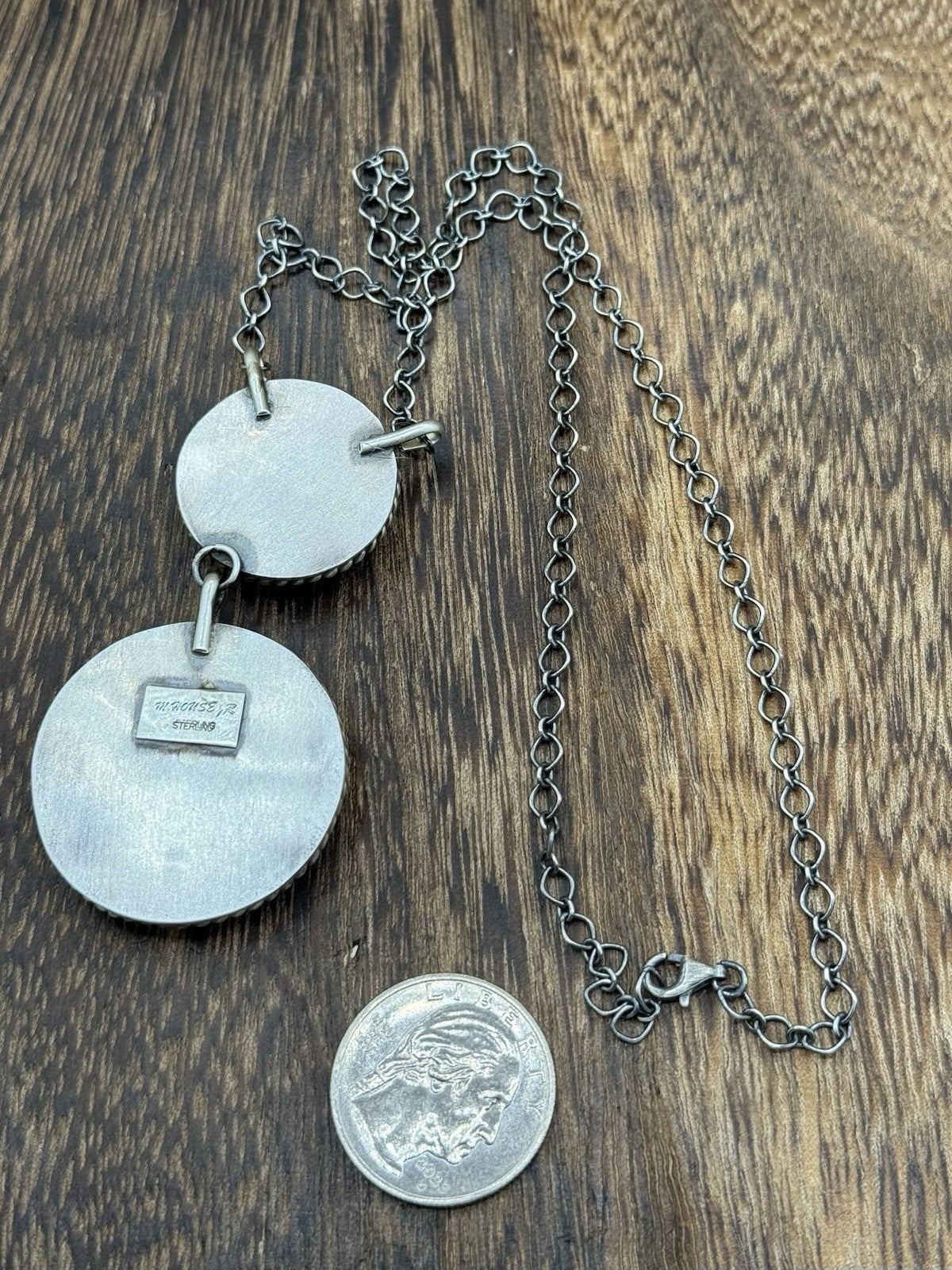 Navajo Handmade Sterling Silver Kingman Turquoise Cluster Bar Necklace 18”