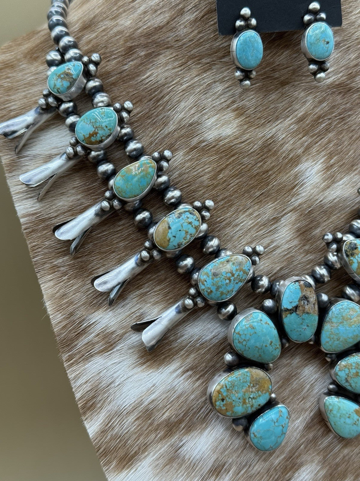 Navajo Handmade Sterling Silver Kingman Turquoise Squash Blossom Necklace 20”