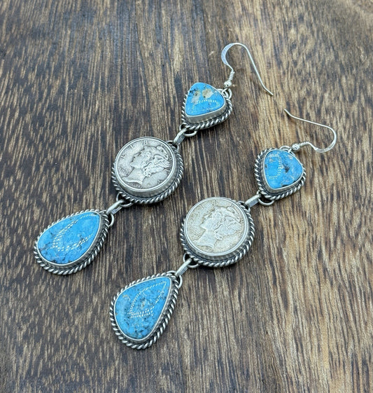 Navajo Handmade Sterling Silver Kingman Turquoise Liberty Mercury Dime Earrings