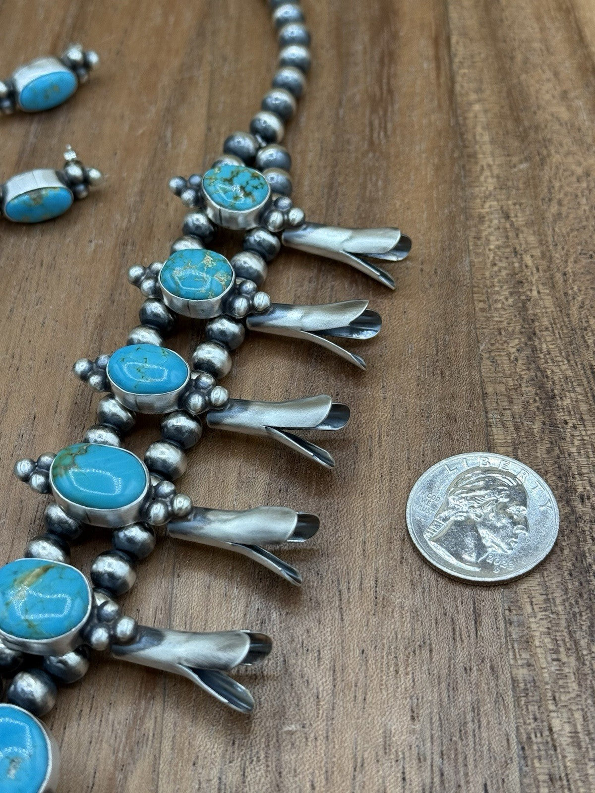 Navajo Handmade Sterling Silver Kingman Turquoise Squash Blossom Necklace 20”