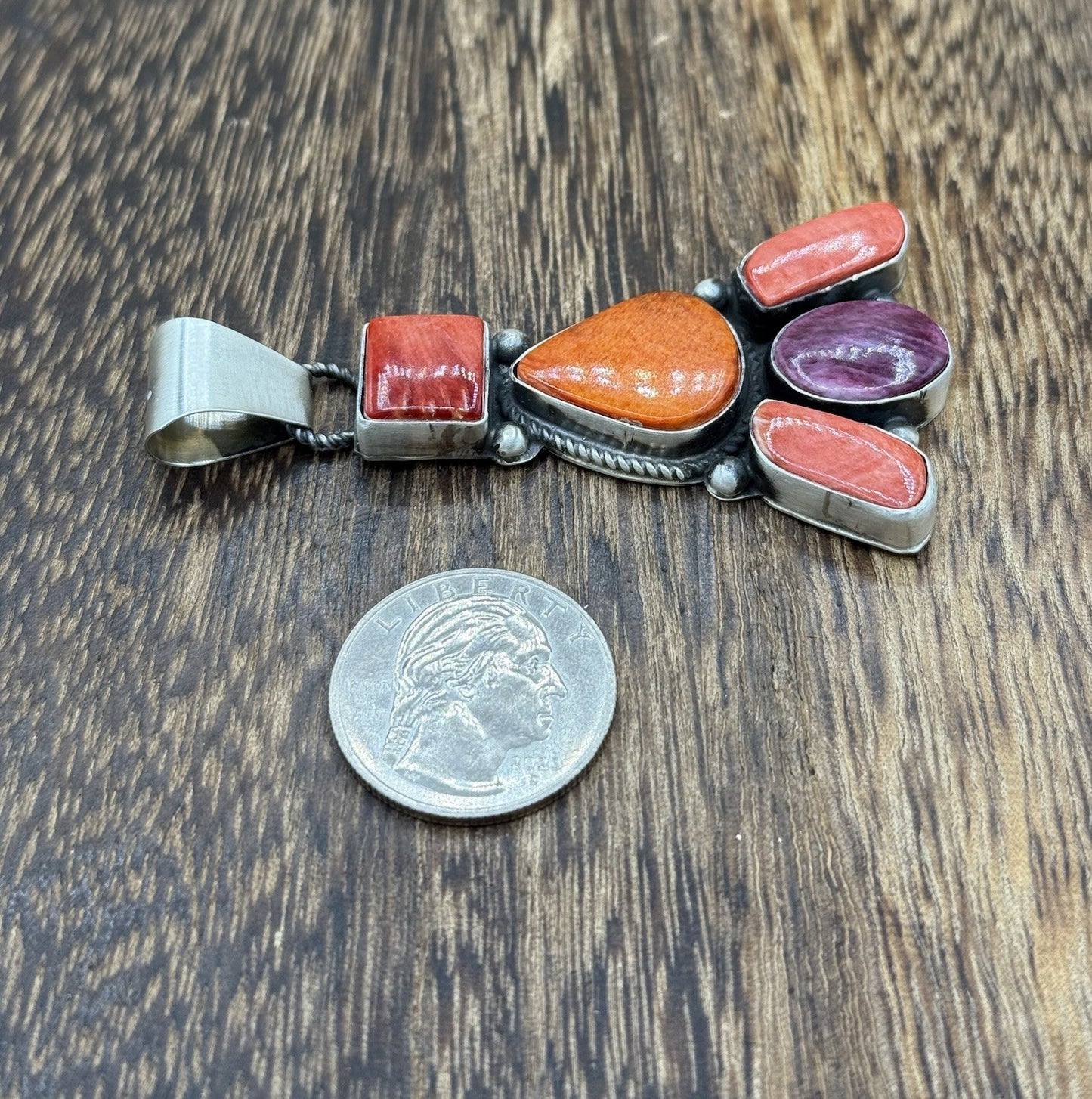 Native Navajo Handmade Sterling Silver Multi Spiny Oyster Shell Cluster Pendant