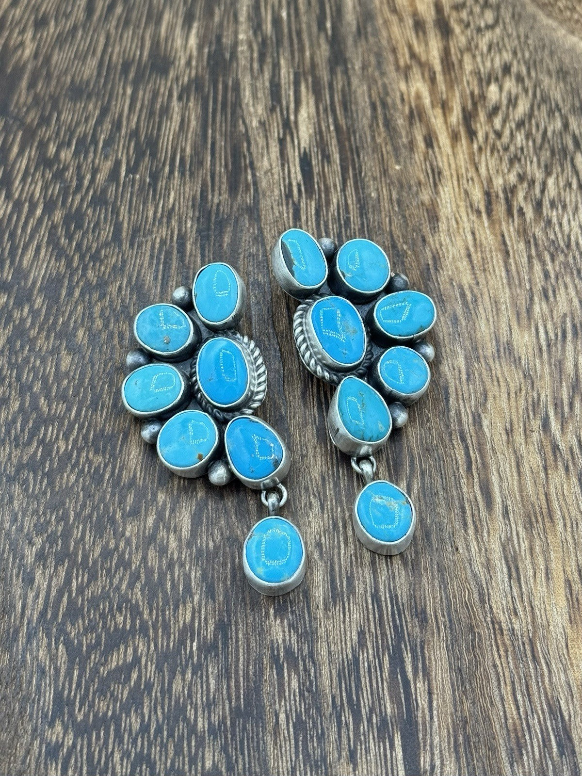 Navajo Handmade Sterling Silver Kingman Turquoise Half Cluster Drop Earrings