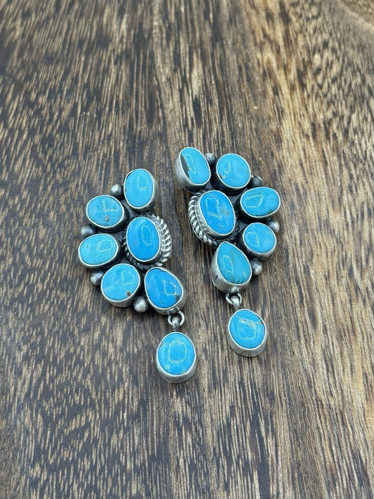 Navajo Handmade Sterling Silver Kingman Turquoise Half Cluster Drop Earrings