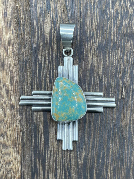 Native American Sterling Silver Navajo Handmade Turquoise Zia Pendant -Betta Lee