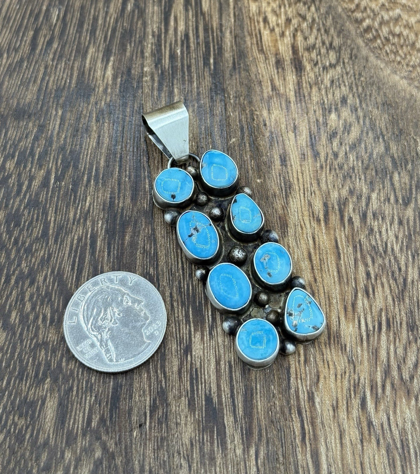 Native Navajo Handmade Sterling Silver Blue Ridge Turquoise Cluster Drop Pendant