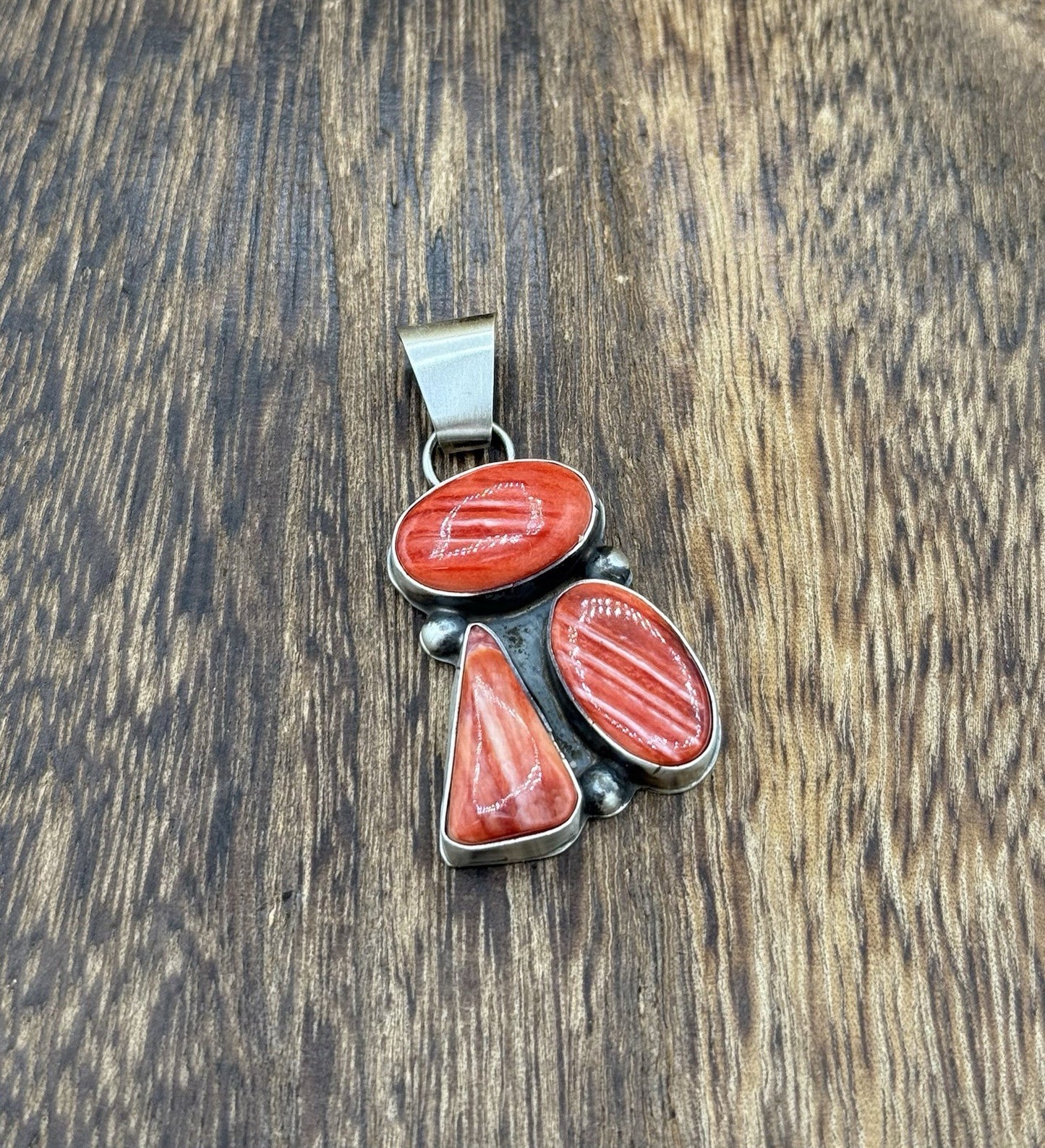 Navajo Handmade Sterling Silver Red Spiny Oyster Shell Cluster Drop Pendant