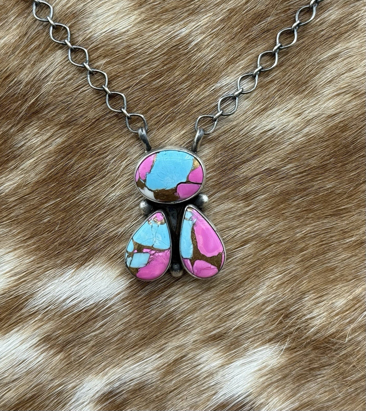 Navajo Handmade Sterling Silver Cotton Candy Dahlia Cluster Bar Necklace 18”