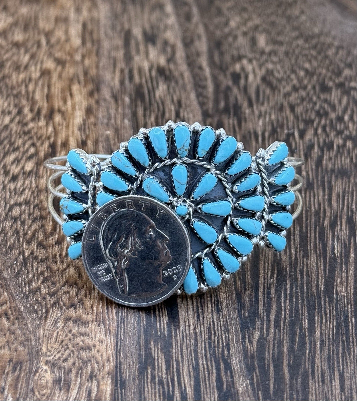 Native American Navajo Handmade Sterling Silver Turquoise Cluster Cuff Bracelet