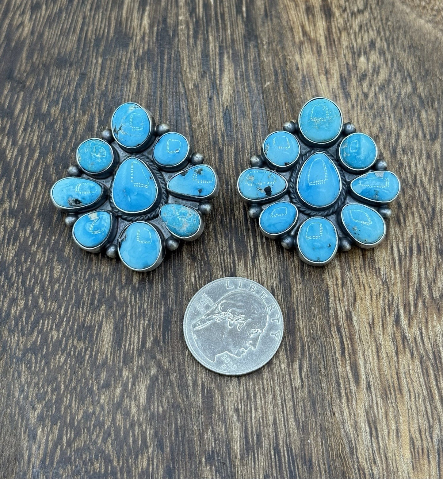 Navajo Handmade Sterling Silver Blue Ridge Turquoise Cluster Post Large Earrings