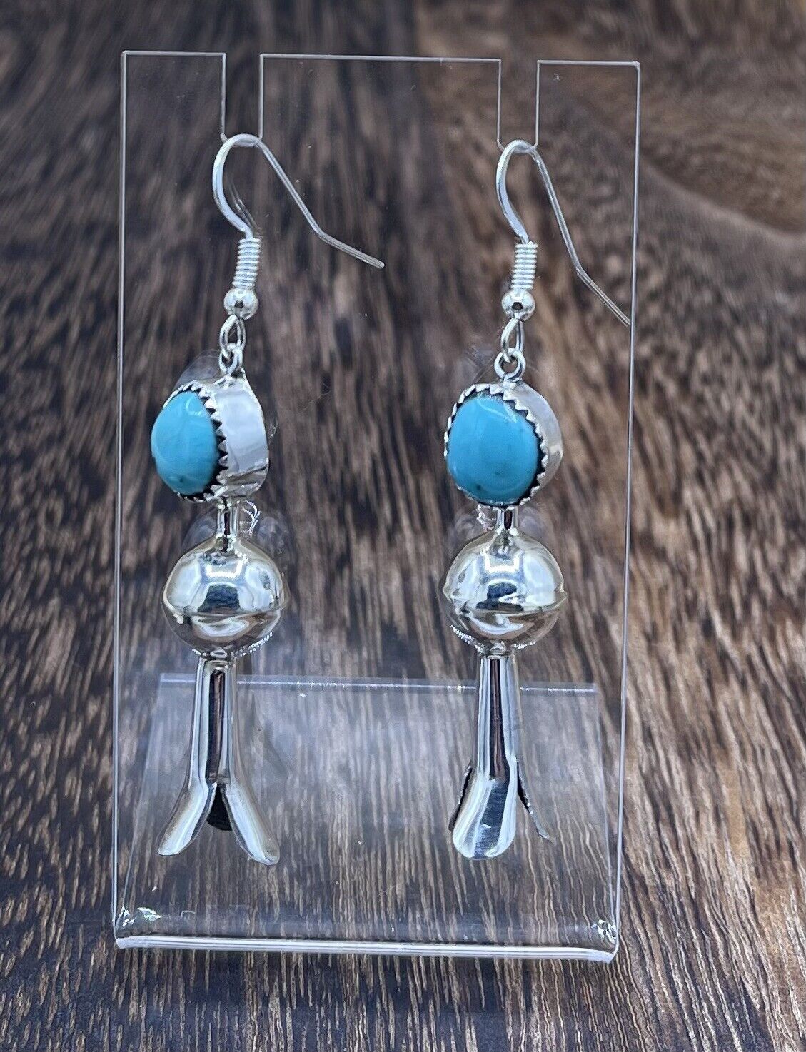 Native American Silver Navajo Handmade Turquoise Dangle Blossom Earrings shiny