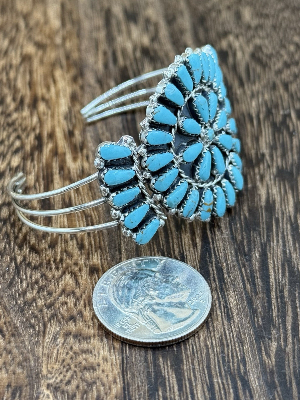 Native American Navajo Handmade Sterling Silver Turquoise Cluster Cuff Bracelet