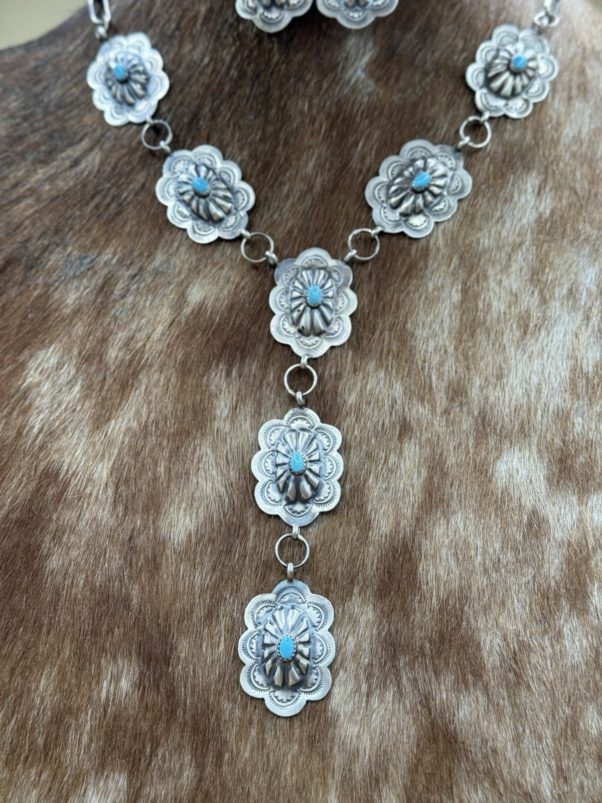 Navajo Handmade Sterling Silver Stamped Concho Turquoise Lariat Necklace Set 20”