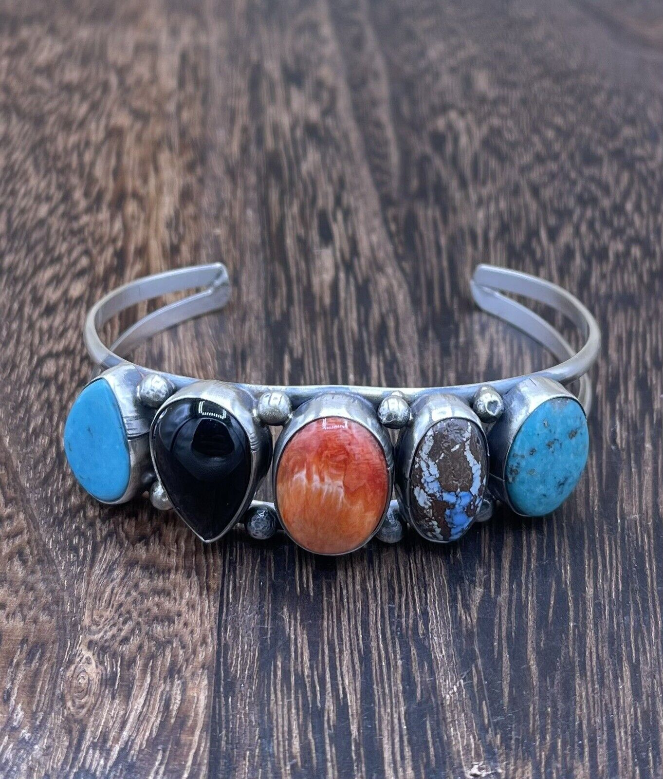 Native American Navajo Handmade Sterling Silver Multi Stone color Cuff Bracelet