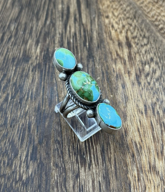 Navajo Handmade Sterling Silver Sonoran Gold Turquoise Cluster Ring Size 9