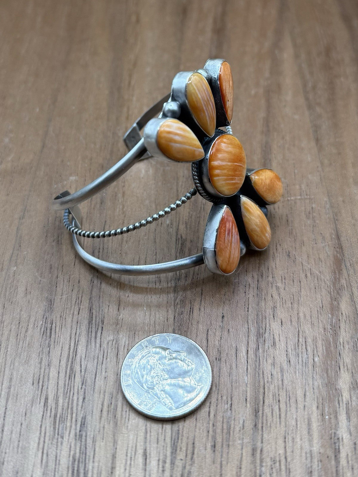 Navajo Handmade Sterling Silver Orange Spiny Oyster Cluster Cuff Bracelet