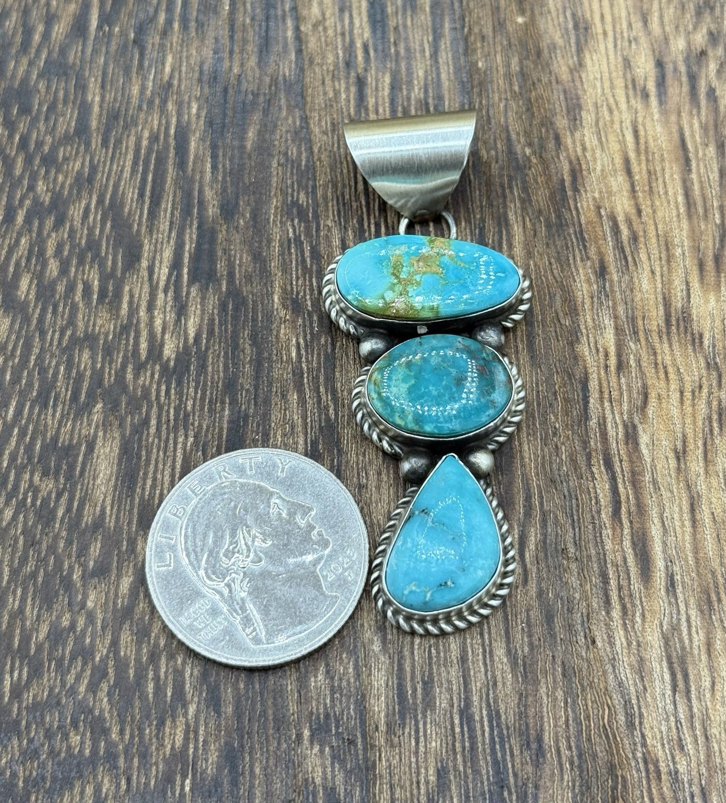 Native Navajo Handmade Sterling Silver Blue Bird Turquoise Cluster Drop Pendant