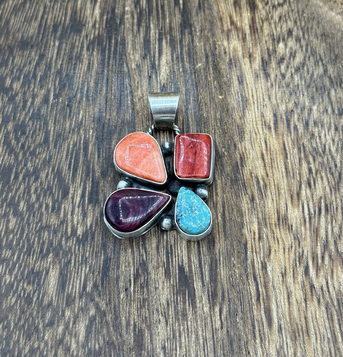 Navajo Handmade Sterling Silver Multi Color Turquoise Spiny Cluster Pendant