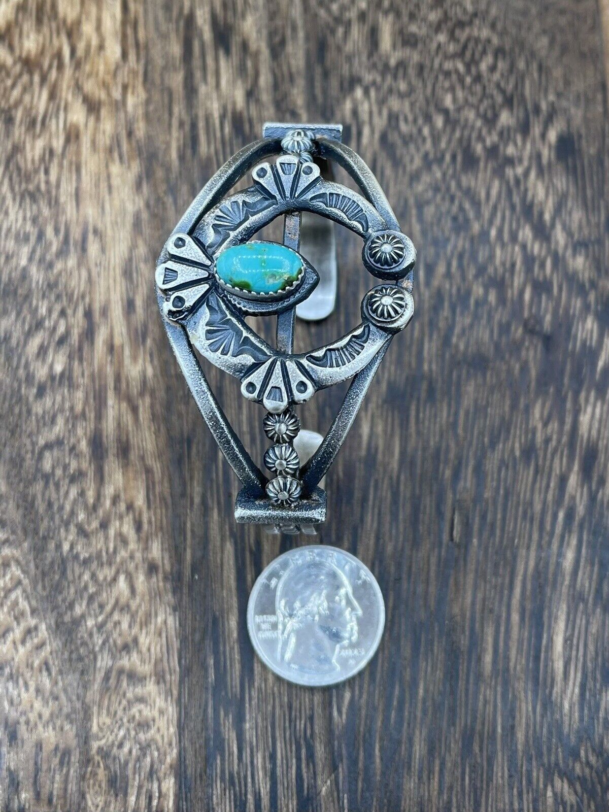 Native American Silver Navajo Handmade Sonoran Turquoise Old look Naja Bracelet