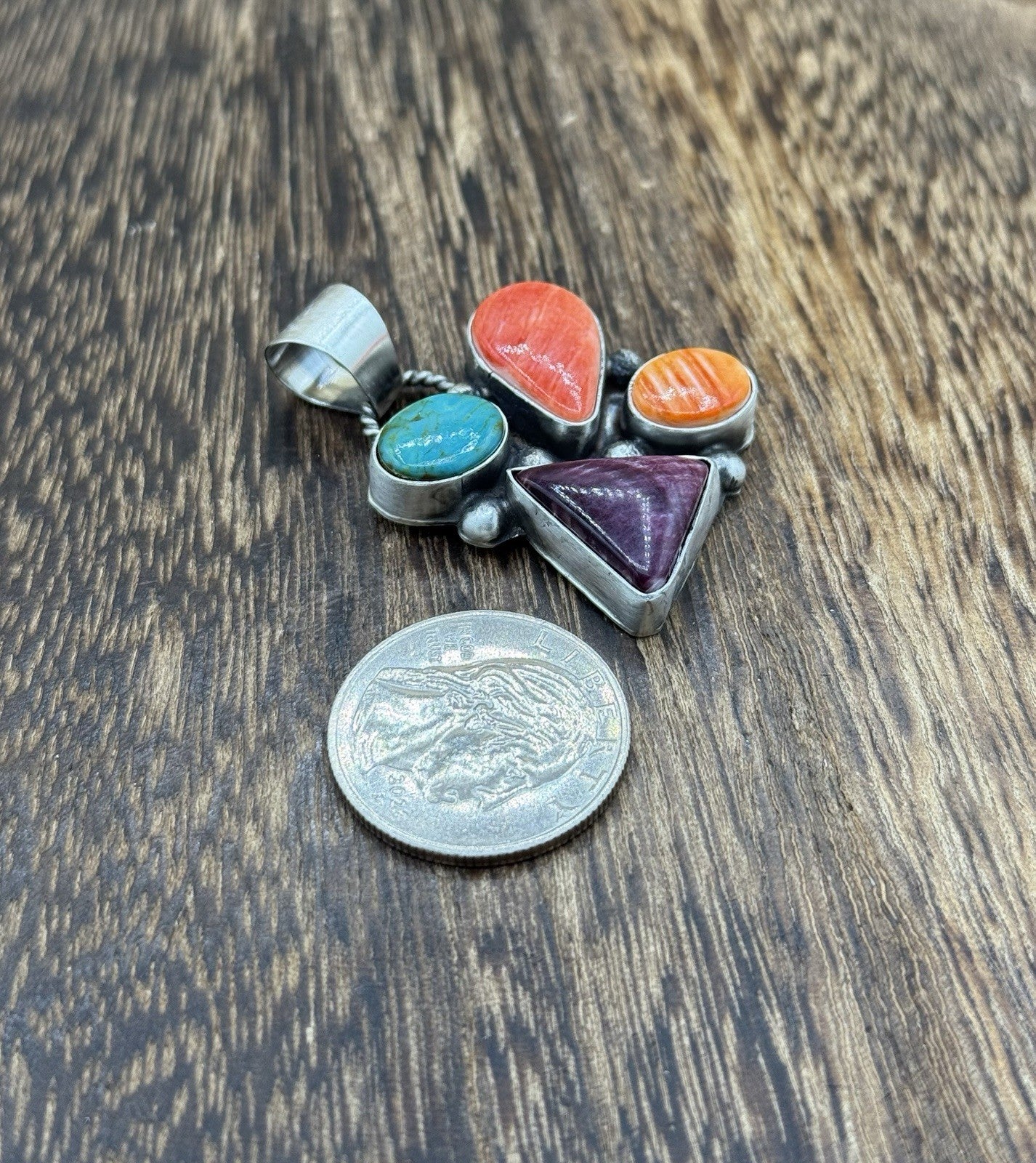 Navajo Handmade Sterling Silver Multi Color Turquoise Spiny Cluster Pendant