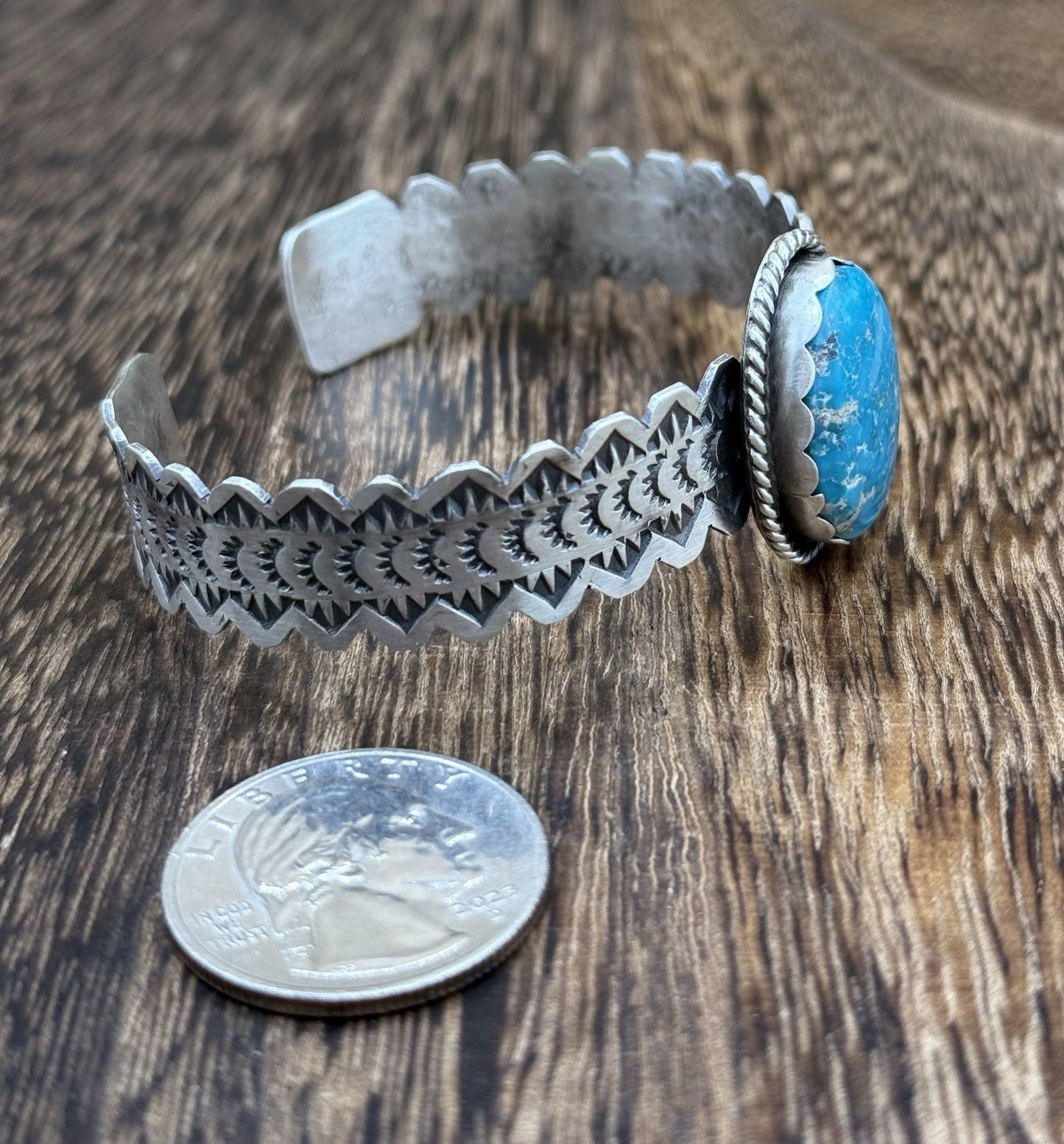 Navajo Handmade Sterling Silver Blue Bird Turquoise Stacker Cuff Bracelet