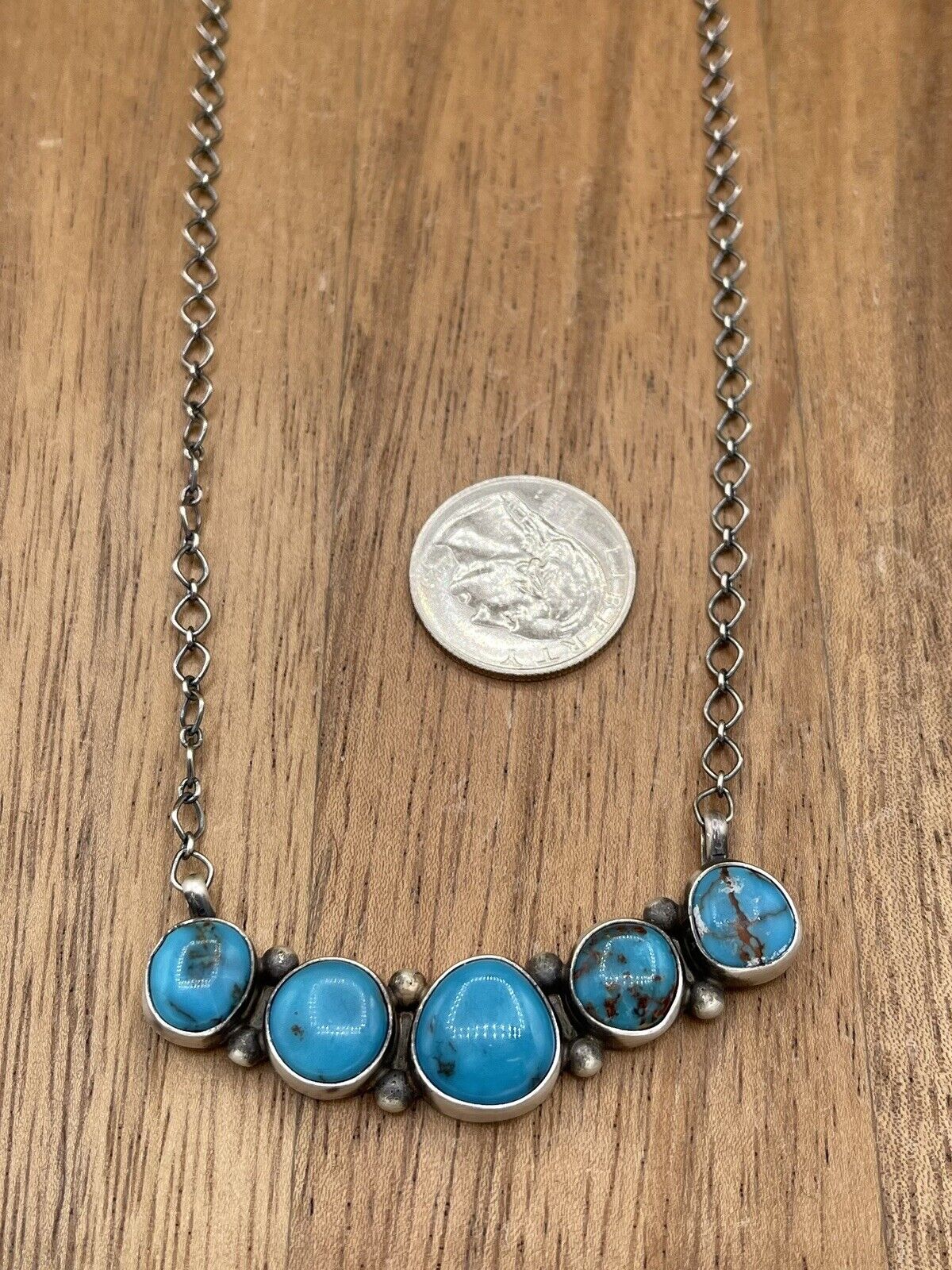 Native American Navajo Handmade Silver Egyptian Turquoise Bar Necklace 18”