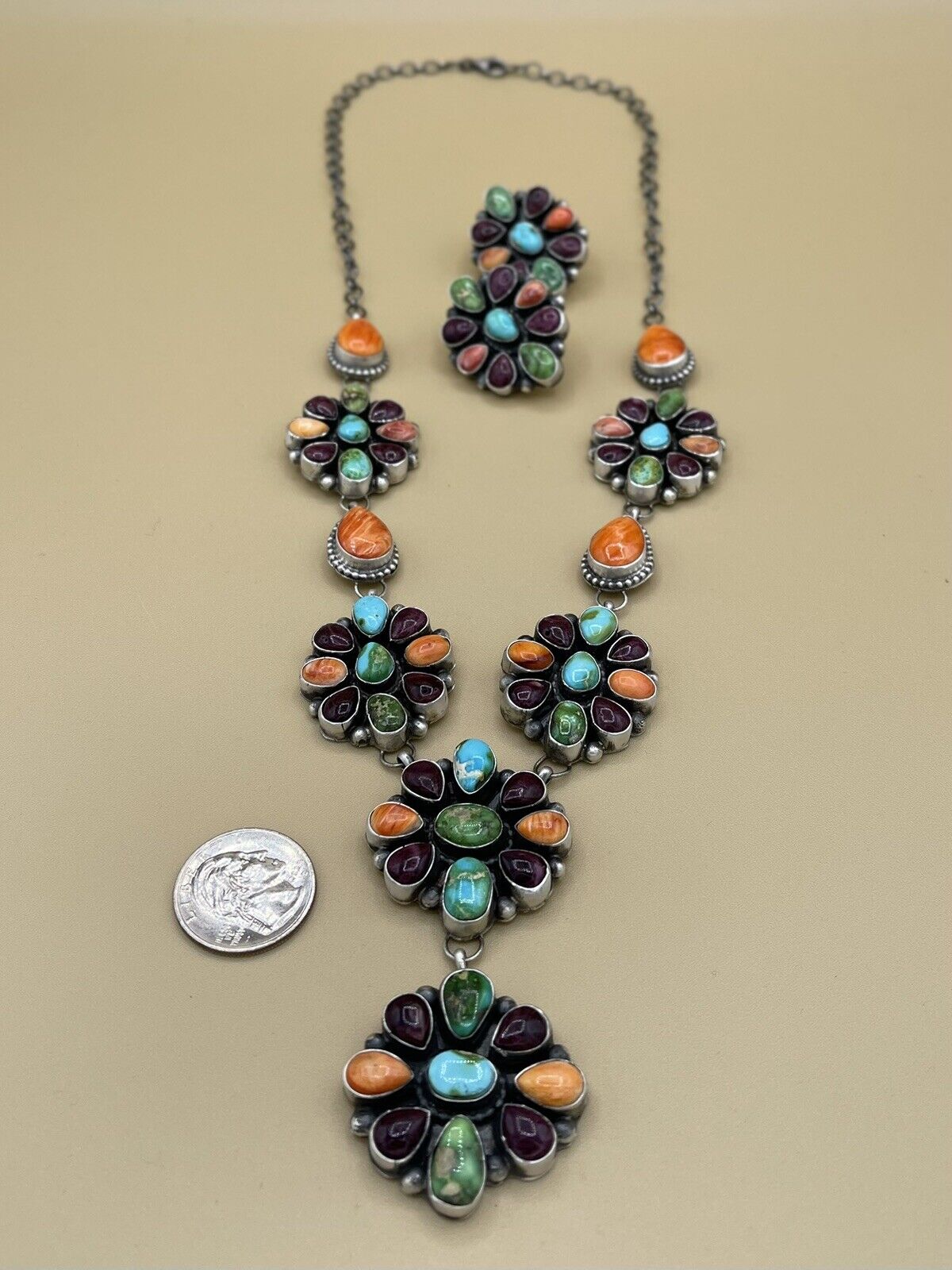 Native American Navajo Handmade Silver Spiny And Turquoise Cluster Necklace 24”