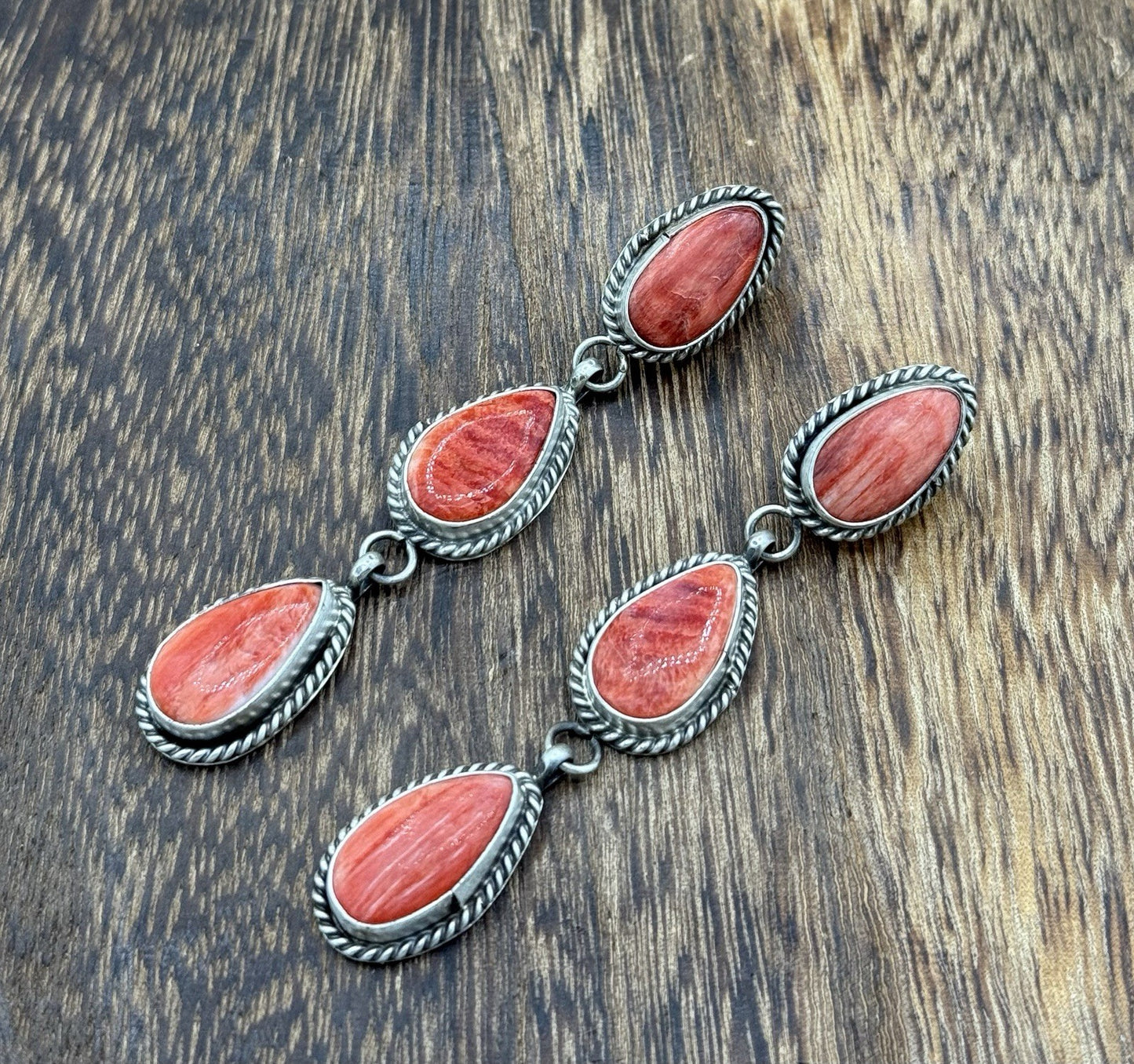 Native Navajo Handmade Sterling Silver Red Spiny Oyster Post Dangle Earrings