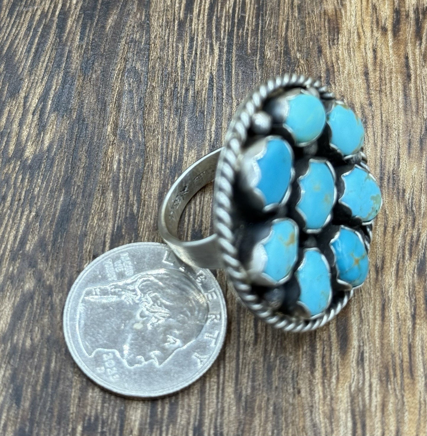 Navajo Handmade Sterling Silver Kingman Turquoise Adjustable Ring Size 7 To 9