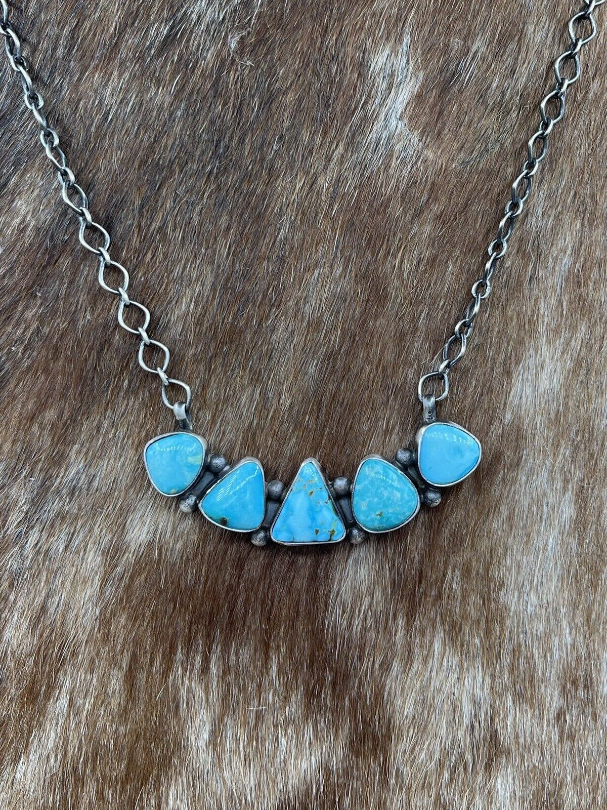 Native American Navajo Handmade Sterling Silver Kingman Turquoise Bar Necklace