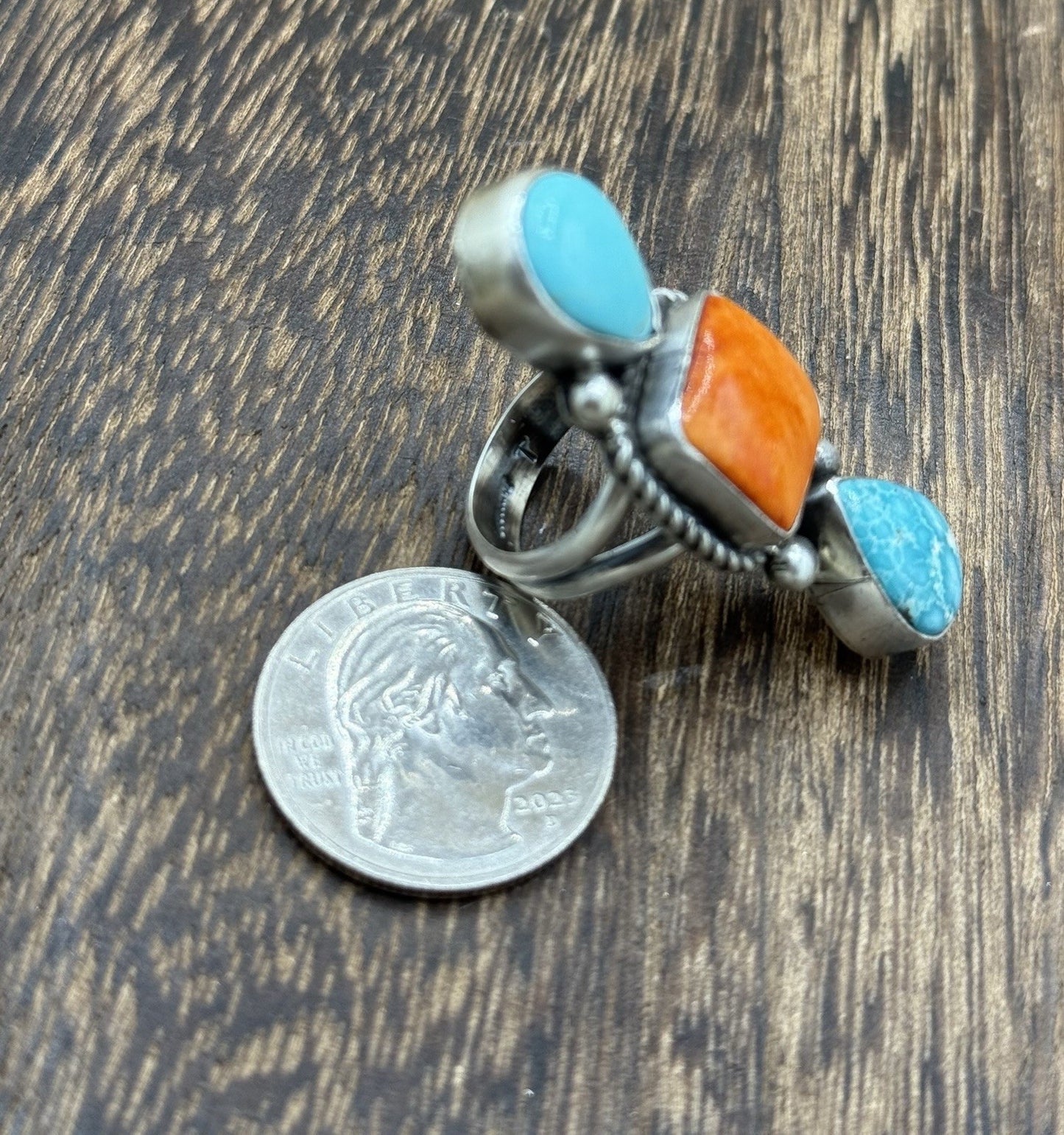 Native Navajo Handmade Sterling Silver Mixed Stone Turquoise Cluster Ring Size 7