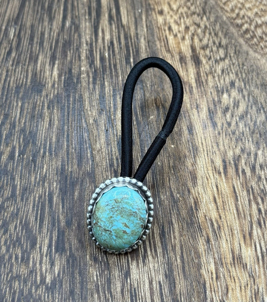 Native American Navajo Handmade Sterling Silver Blue Glacier Turquoise Hair Tie