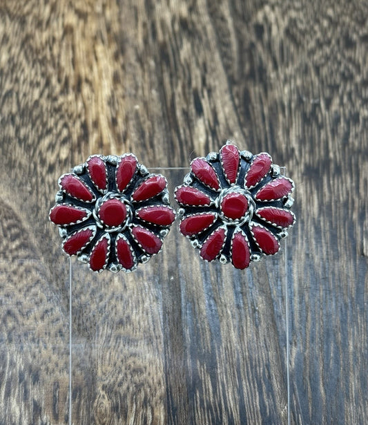 Native American Navajo Handmade Sterling Silver Red Coral Cluster Stud Earrings