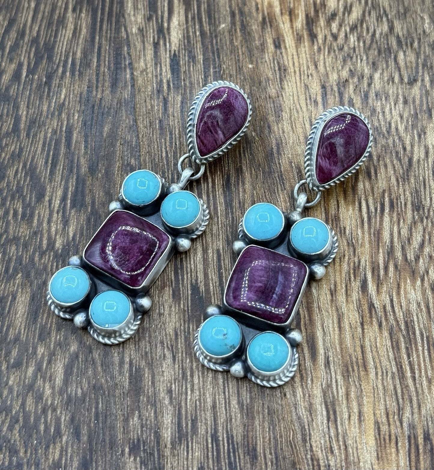 Navajo Handmade Sterling Silver Turquoise & Spiny Oyster Post Dangle Earrings