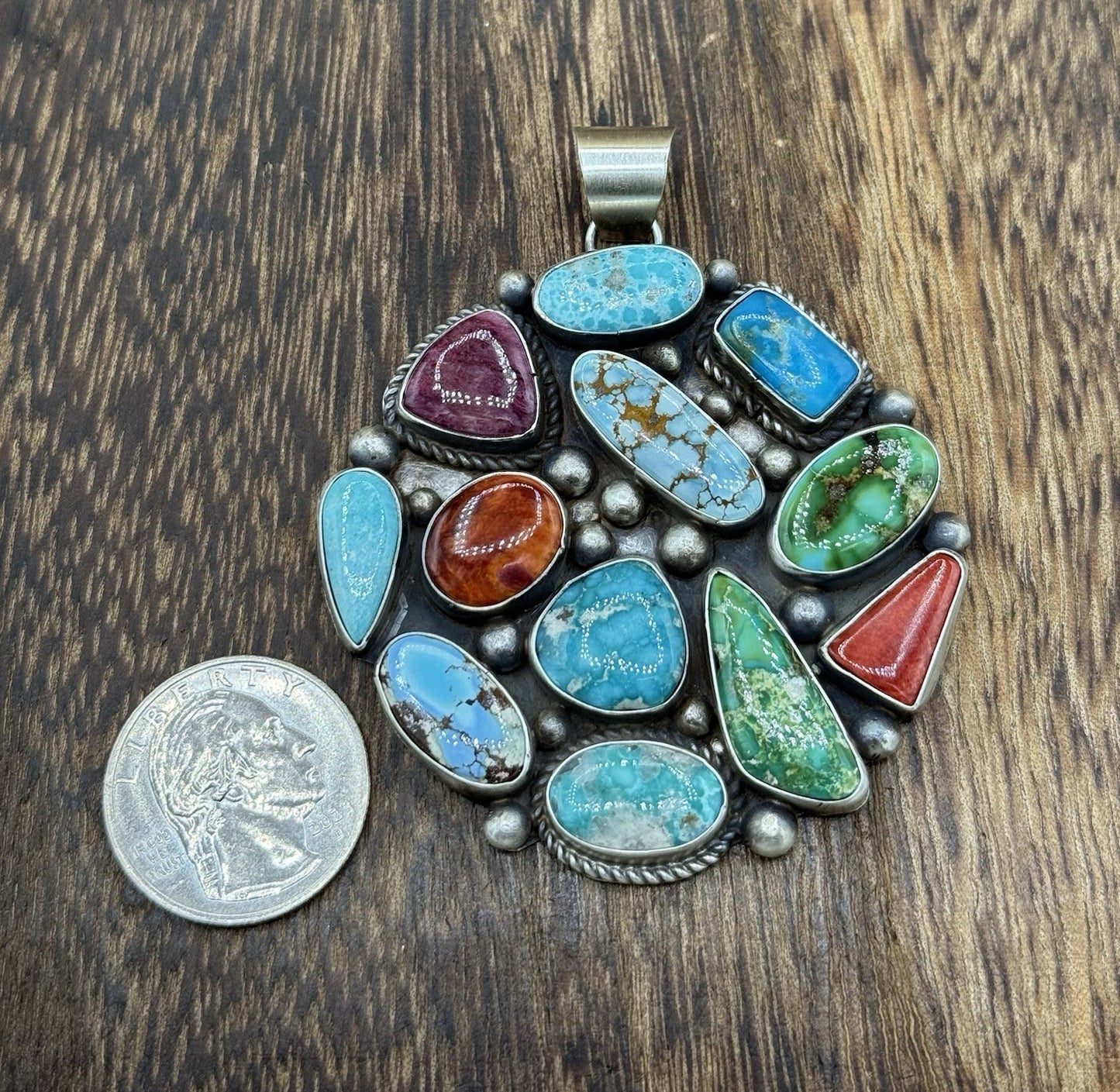 Navajo Handmade Sterling Silver Mixed Turquoise Spiny Large Cluster Pendant