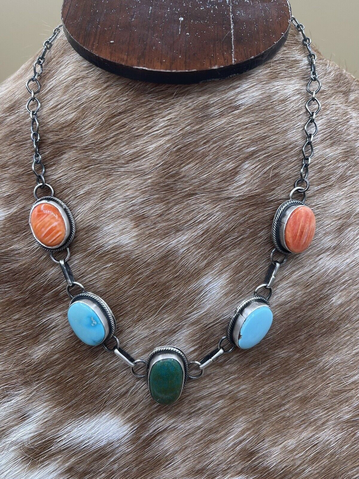 Native American Navajo Handmade Silver Spiny Oyster Turquoise Choker Necklace 16