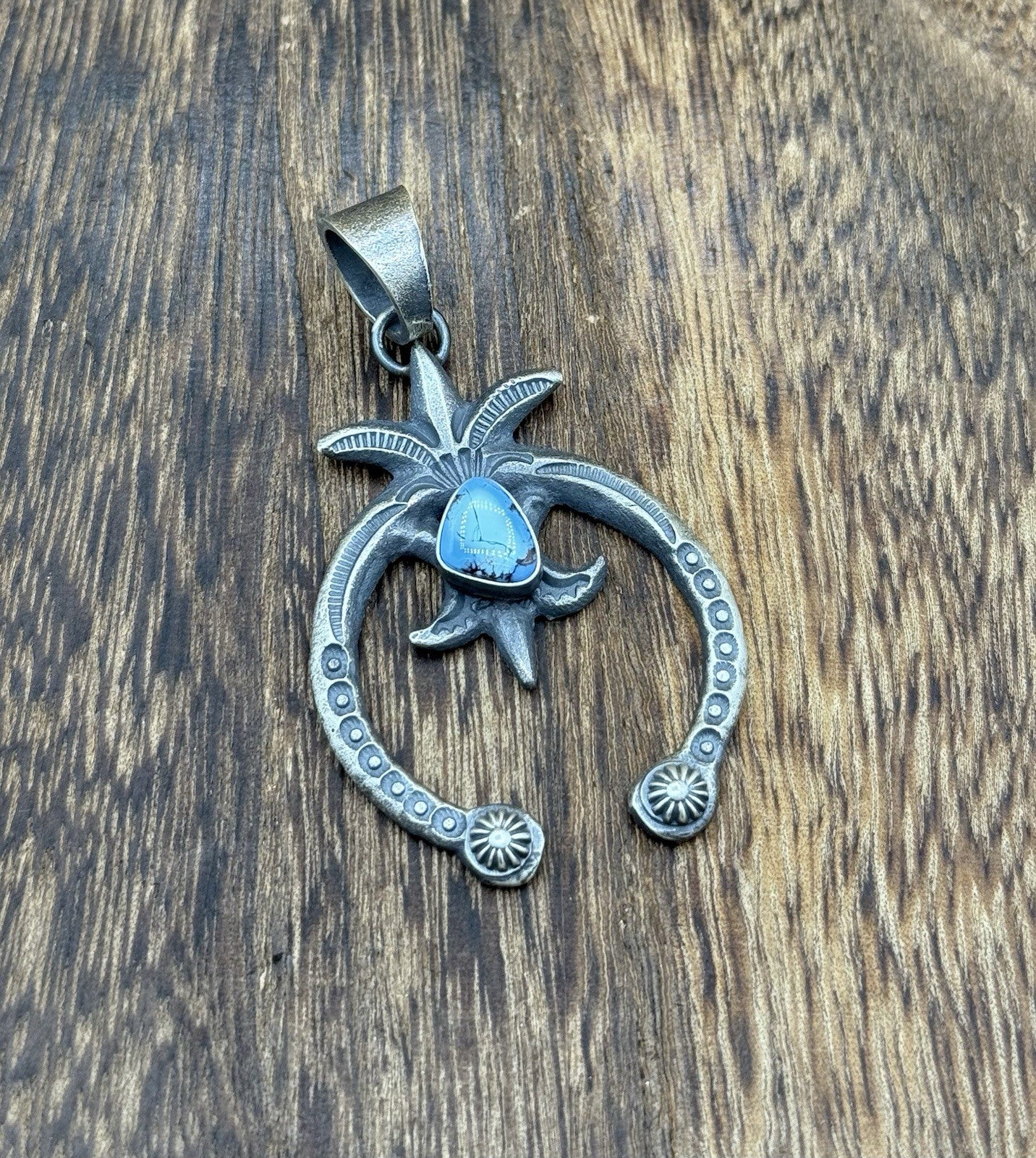 Navajo Handmade Sterling Silver Old Look Golden Hills Turquoise Naja Pendant