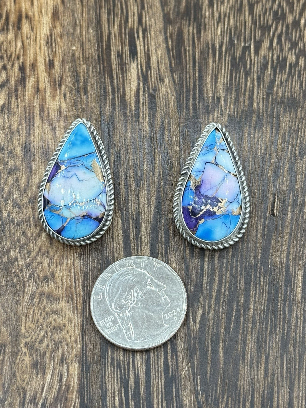 Navajo Handmade Sterling Silver Violet Rose & Blue Dahlia Post Earrings Letricia