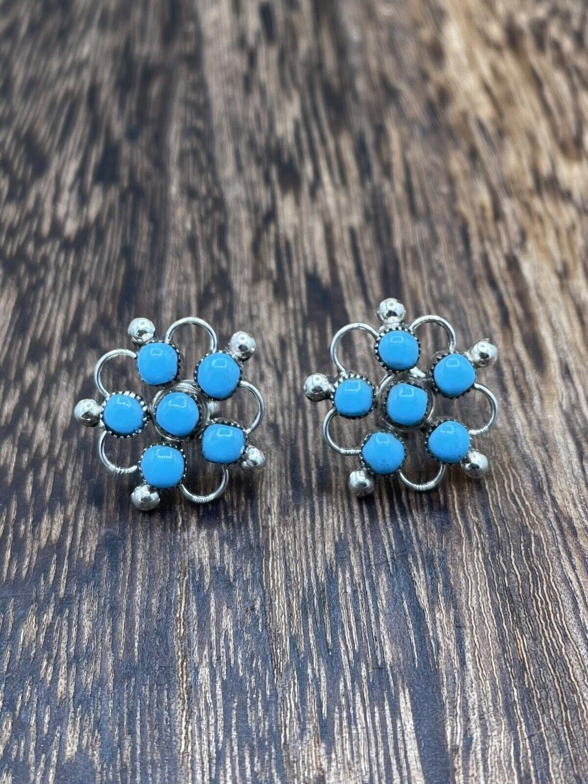 Native American Zuni Handmade Sterling Silver Turquoise Cluster Post Earrings