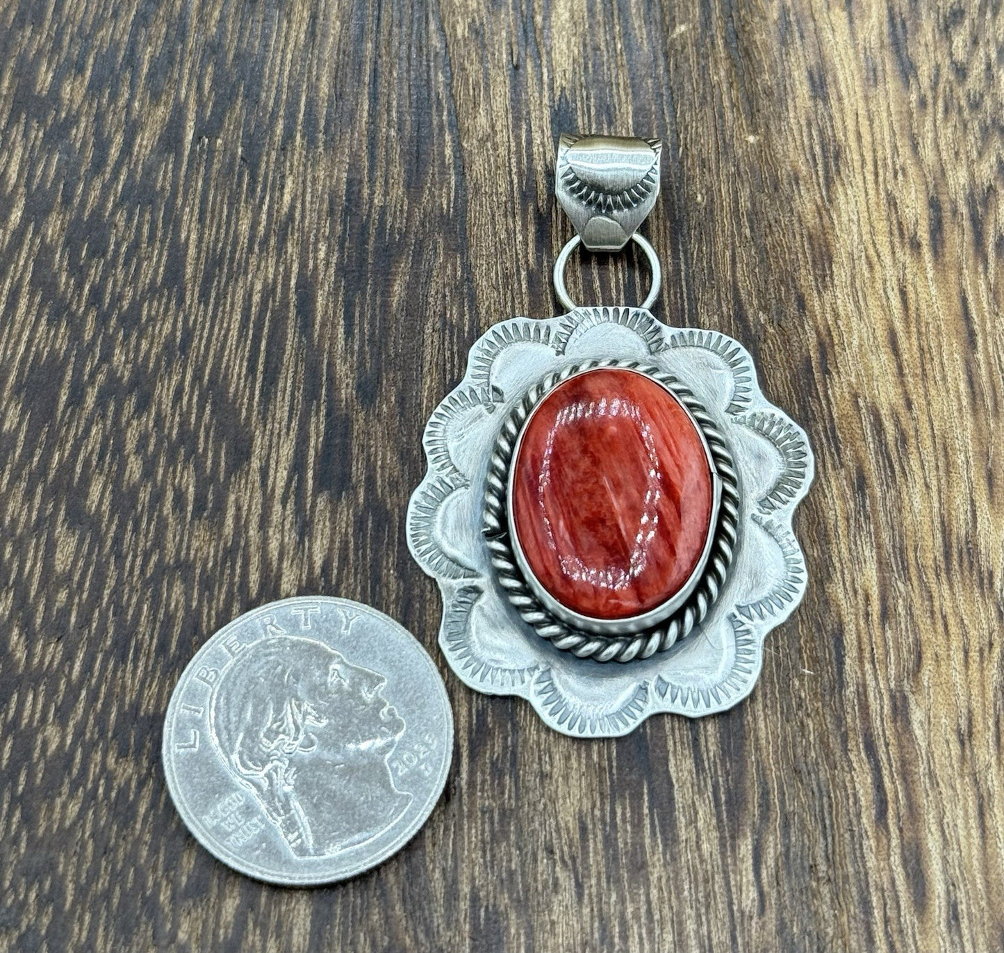 Navajo Handmade Sterling Silver Red Spiny Oyster Shell Stamped Drop Pendant
