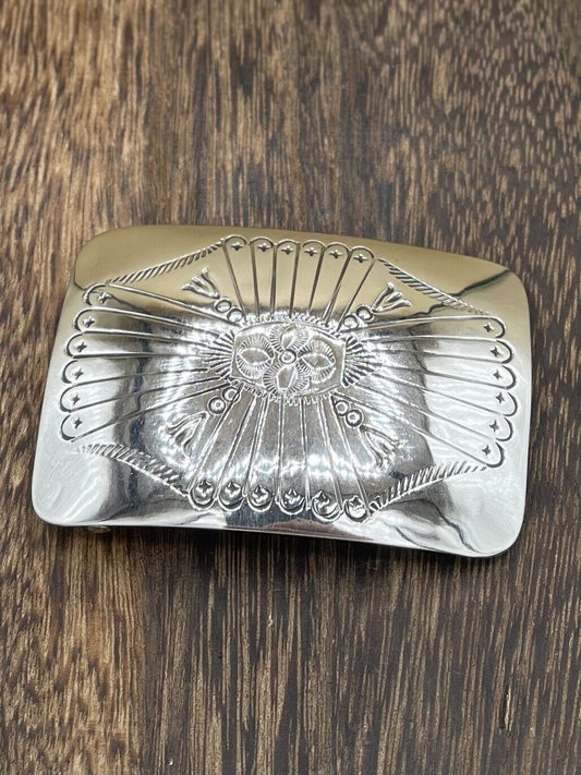 Native American Navajo Handmade Shiny Sterling Silver Belt Buckle By Joann Begay