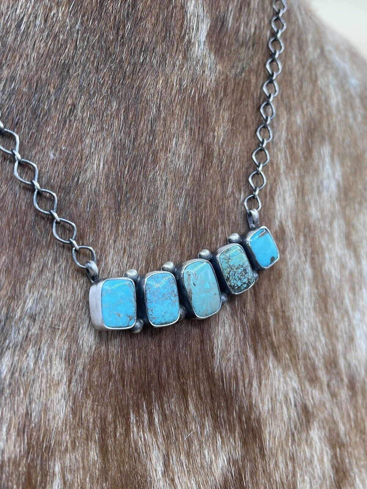 Native American Navajo Handmade Sterling Silver Kingman Turquoise Bar Necklace