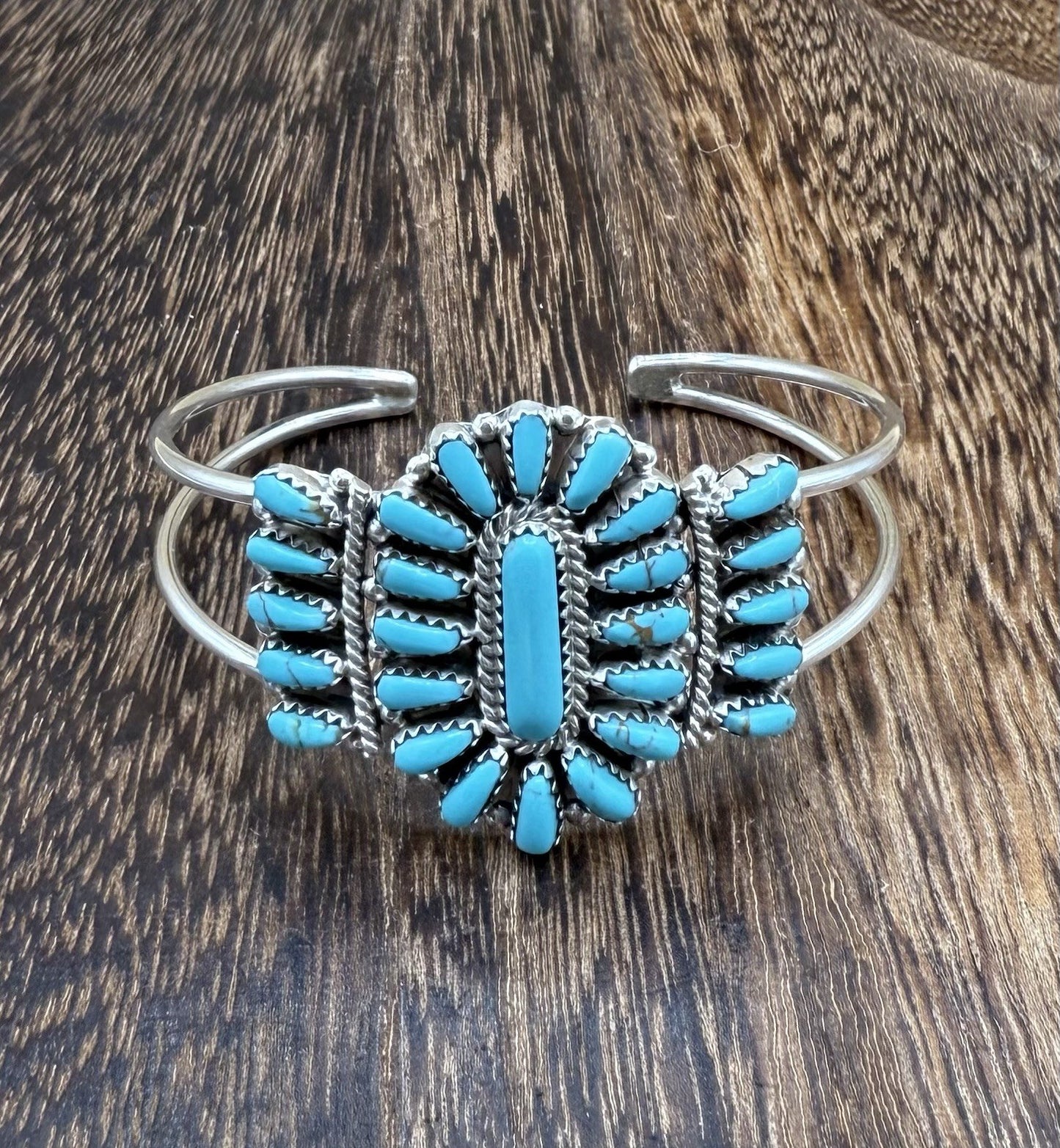 Navajo Handmade Sterling Silver Turquoise Traditional Cluster Cuff Bracelet