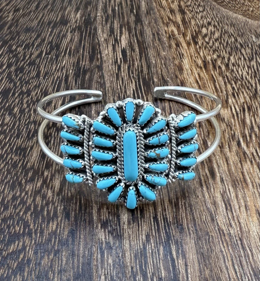 Navajo Handmade Sterling Silver Turquoise Traditional Cluster Cuff Bracelet