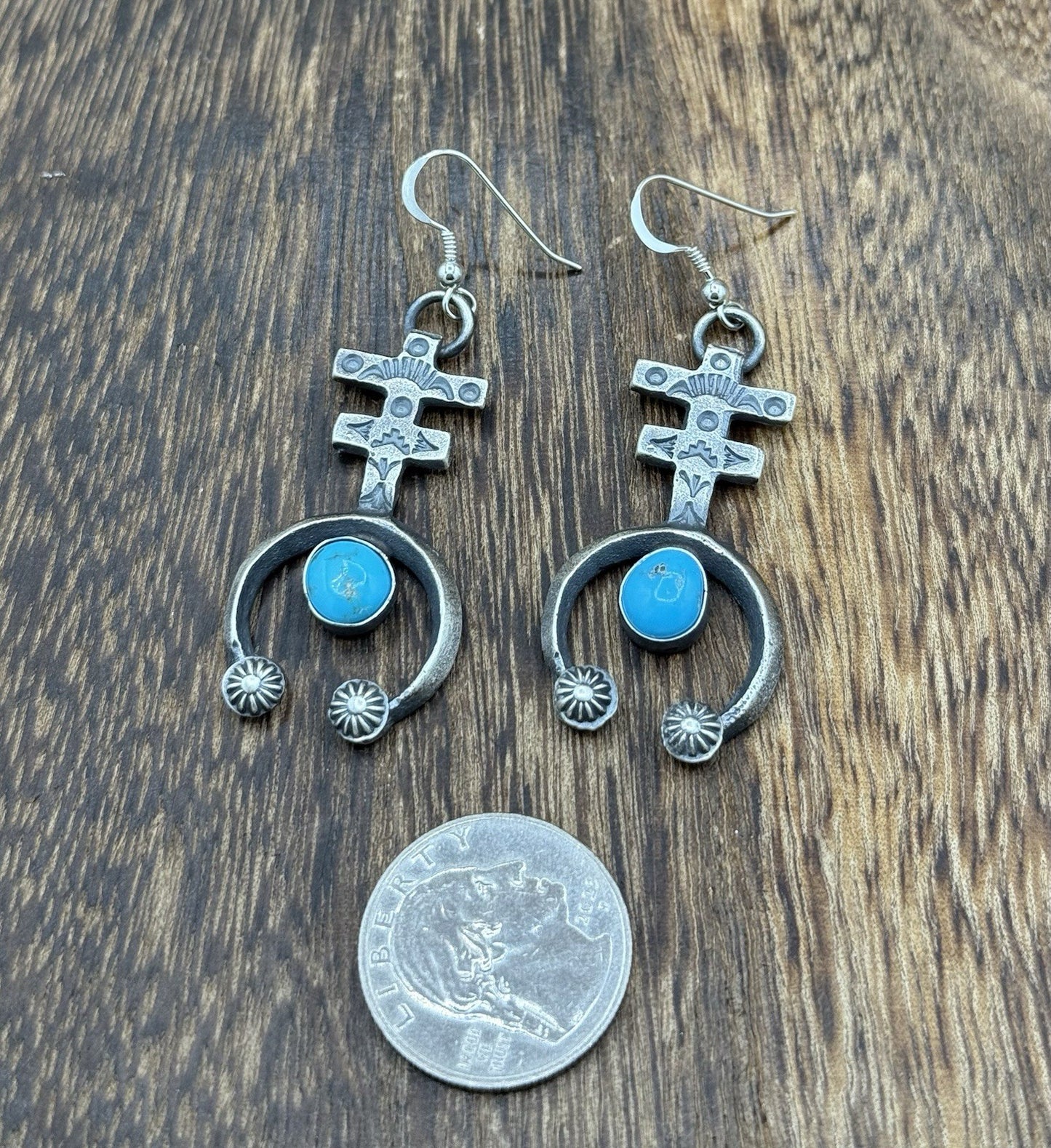 Navajo Handmade Sterling Silver Old Look Kingman Turquoise Earrings Kevin Billah