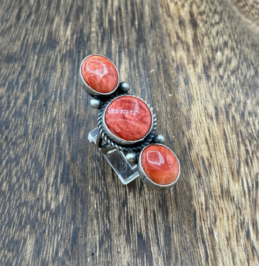Navajo Handmade Sterling Silver Red Spiny Oyster Shell Cluster Ring Size 7